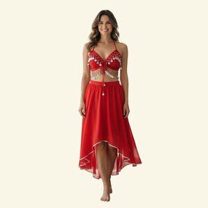 Belly Dance Costume Top Silver Coins Sequence Skirt Suit Set Size S/M Halloween